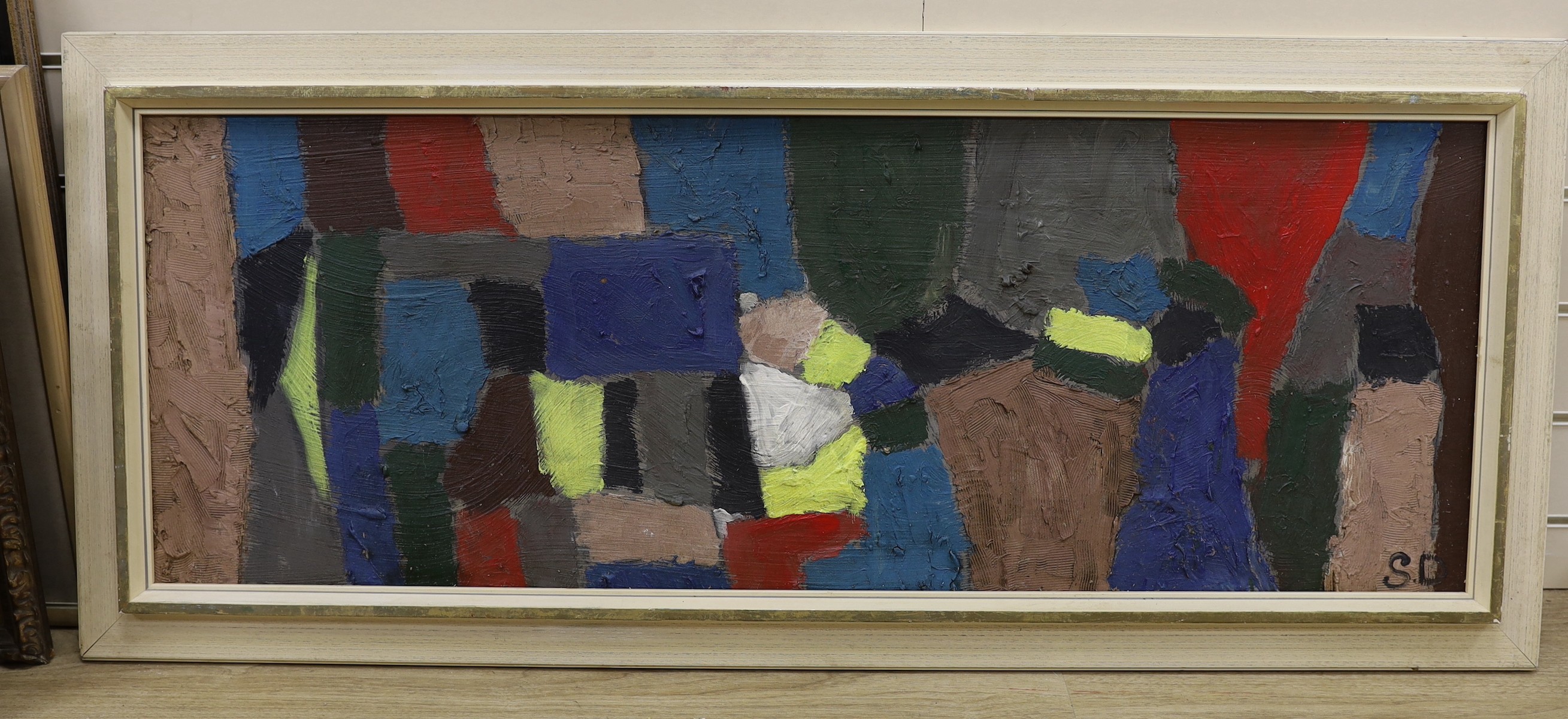 A modern oil on board, Abstract, initialled SD, 38 x 107cm